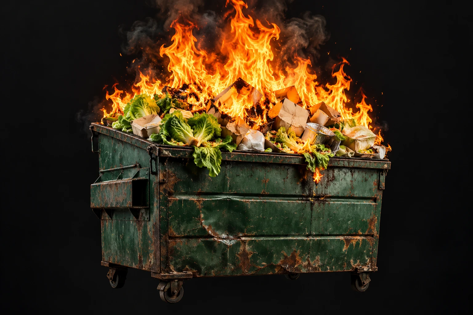 A battered dumpster full of lettuce and food packaging, engulfed in orange and yellow flames